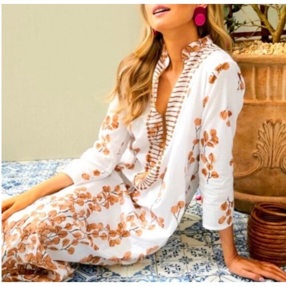 Tuckernuck Ro’s Garden Clorinda Kaftan Dress Leaf Sand Cotton XS Boho Midi - Picture 2 of 13